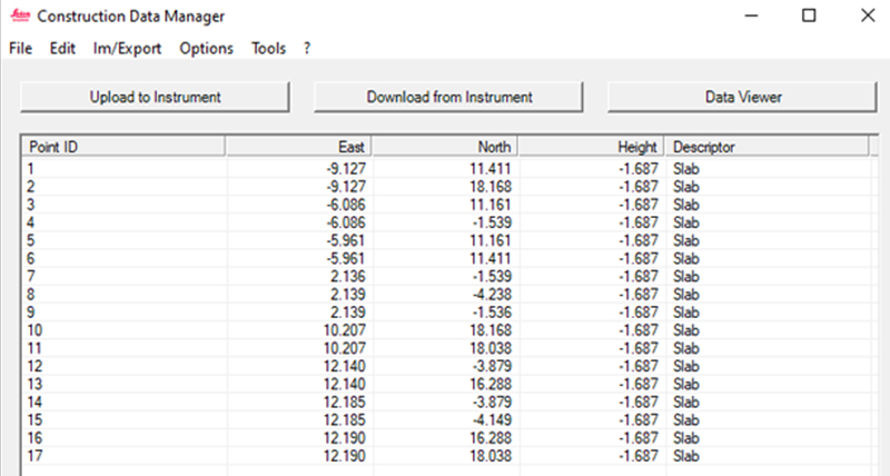 Construction Data Manager -tietokoneohjelmiston näyttökuva.